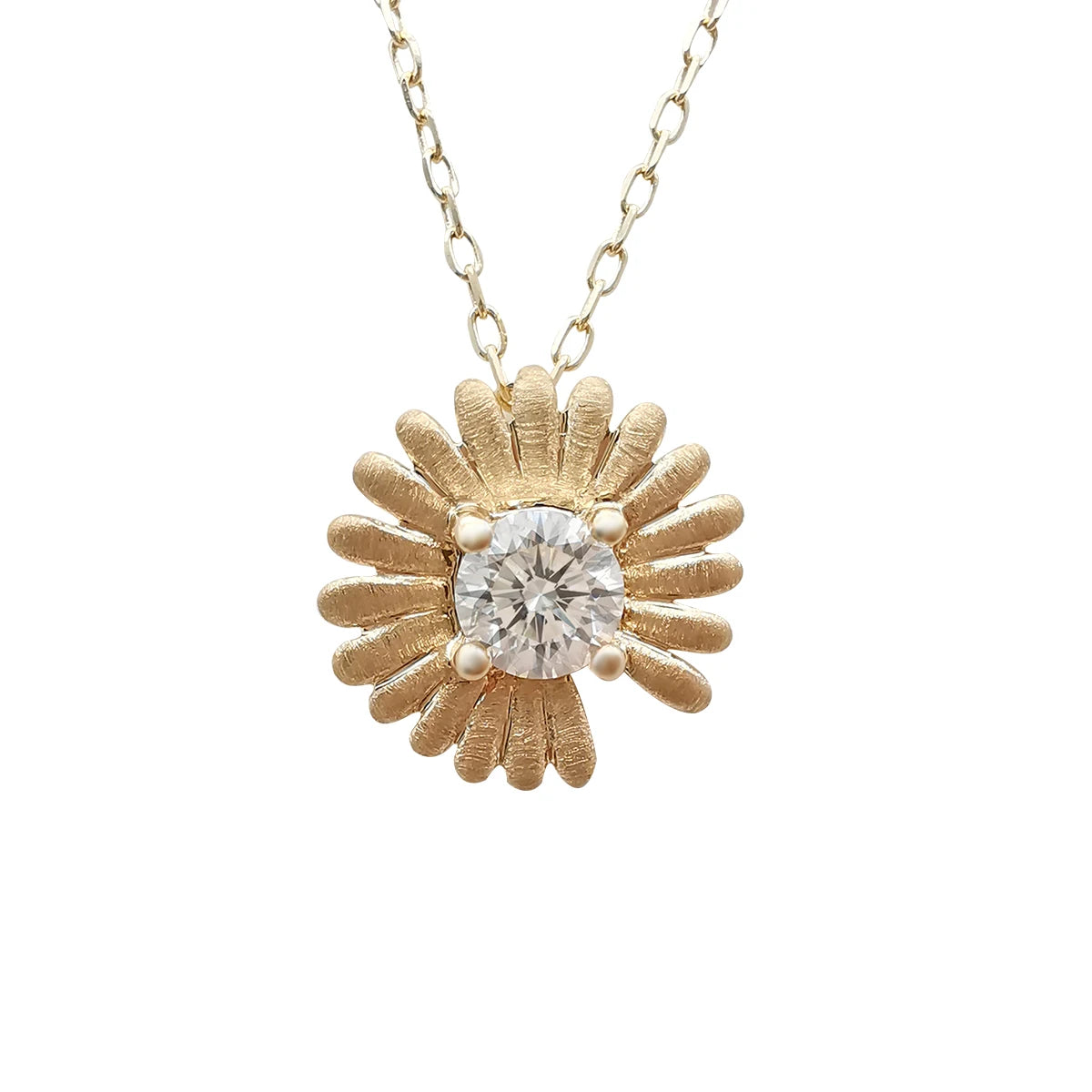 14K Solid Gold Moissanite Small Sunflower Pendant Necklace with 18inch Link Chain Trendy Style Third Party Certified