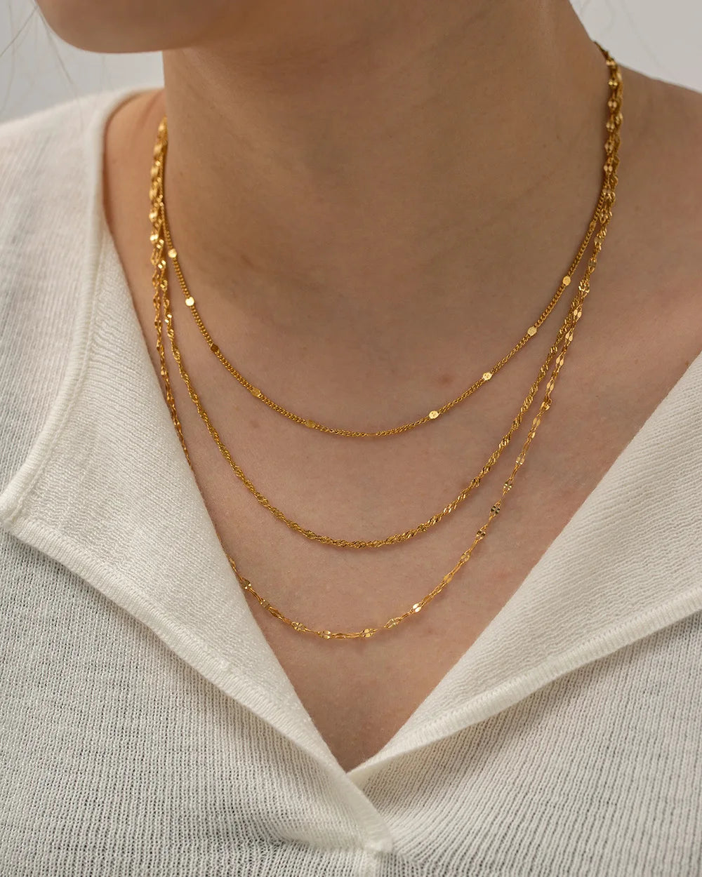 New Trendy 18K Gold Plated Stainless Steel Waterproof Three Layer Stacking Necklace for Girls