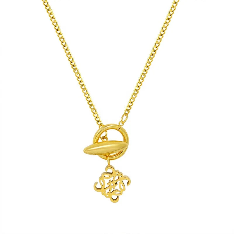 French Design Sense Of Personality Stainless Steel 18k Gold Ot Buckle Hollow Square Necklace Bracelet Jewelry Set for Women