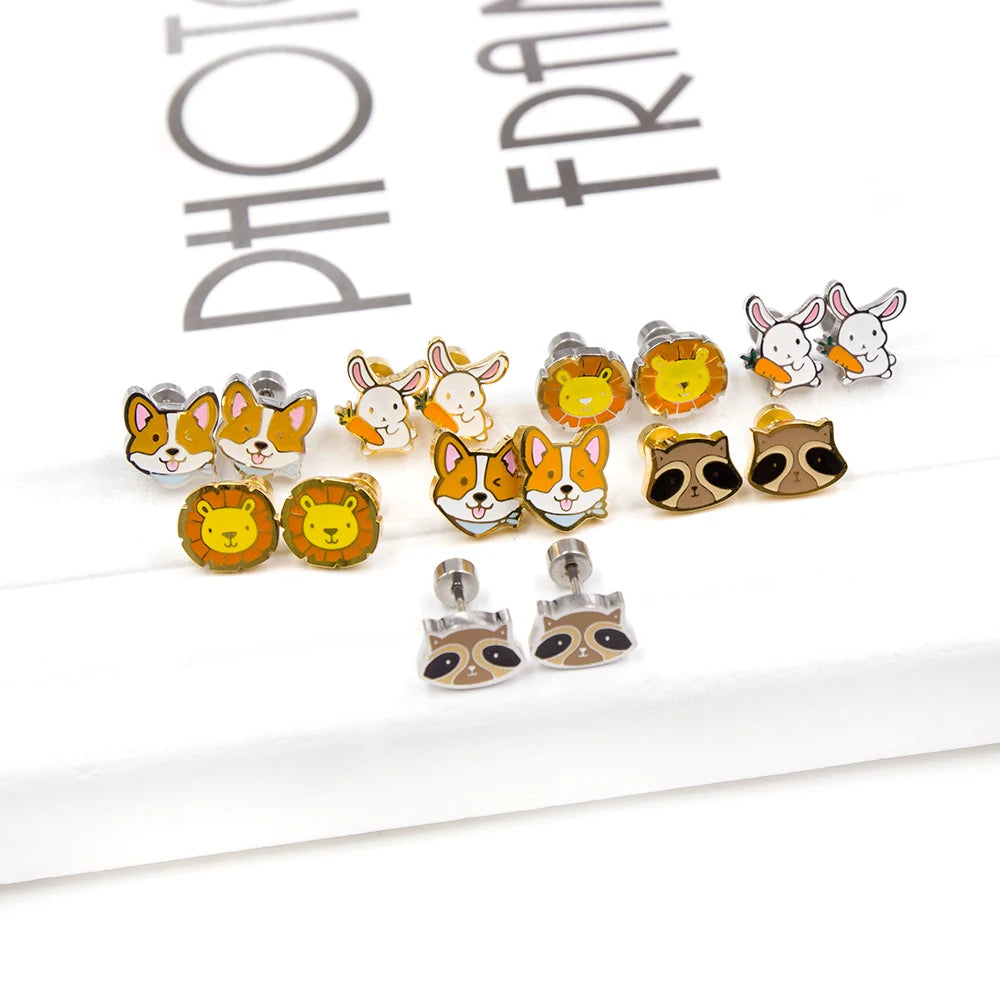 Wholesale Kids Enamel Cute 18K Gold Plated Stainless Steel Jewelry Foxes Rabbits Lions Aliens Hoop Earrings Stud for Children