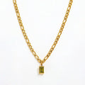 Joolim 18k Gold Plated PVD Rectangle Olive Green Zirconia Pendant Figaro Chain Necklace Stainless Steel Wholesale