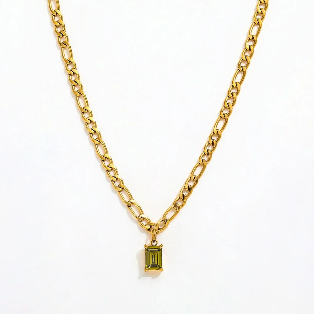 Joolim 18k Gold Plated PVD Rectangle Olive Green Zirconia Pendant Figaro Chain Necklace Stainless Steel Wholesale