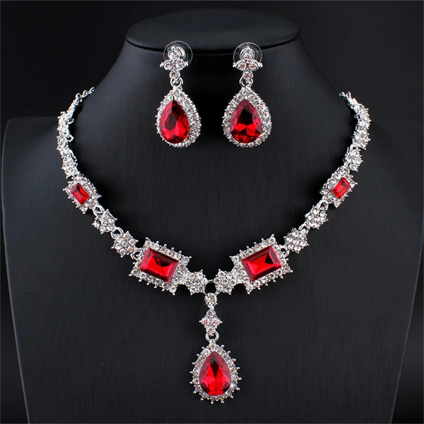 Fashion Elegant Rhinestone Glass Crystal Female Sparkling Jewelry Necklace Earring Set for Women Wedding Blue Red and Grey Party