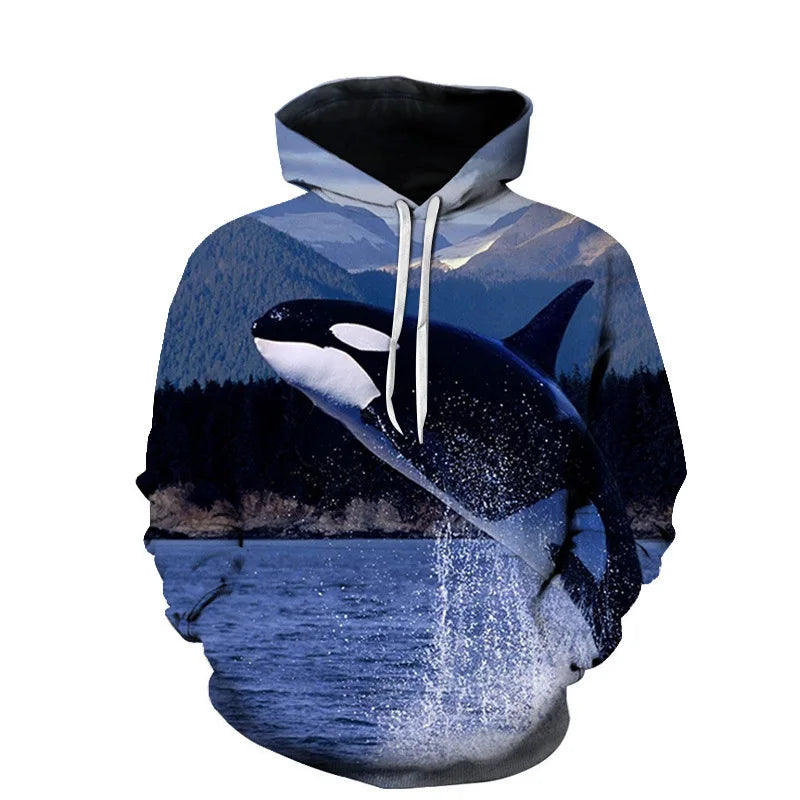 Fitspi Spring Autumn 3d Underwater World Whale Print Loose Plus Size Hooded Sweater Hoodie Sweatshirt Pullover