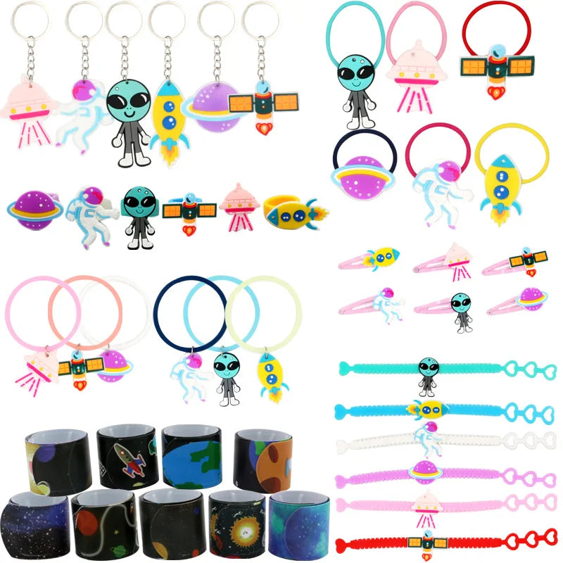 Out Space Birthday Party Favor Set Astronaut Slap Bracelets Key Chains Rings