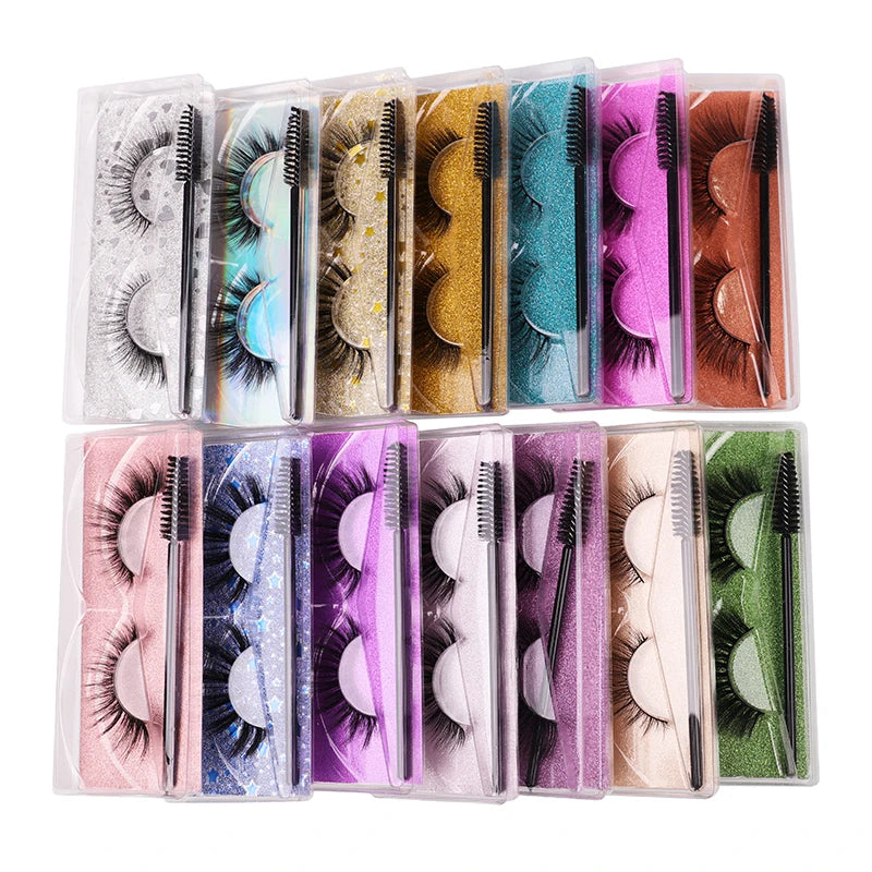 3D Faux Mink Eyelashes 10-15mm 3D Natural Thick Handmade Eyelashes With Colorful Cardboard Carrying Case