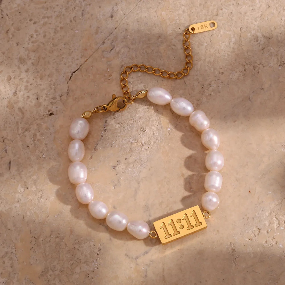 Luxury Freshwater Pearl Beads Non Tarnish 18K Gold Plated Stainless Steel Charm 11:11 Bracelet Jewelry for Women