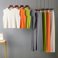 One Size Loose Casual Large Size Solid Color Fashionable Sleeveless Round Neck Top Drawstring Wide Leg Pants Set