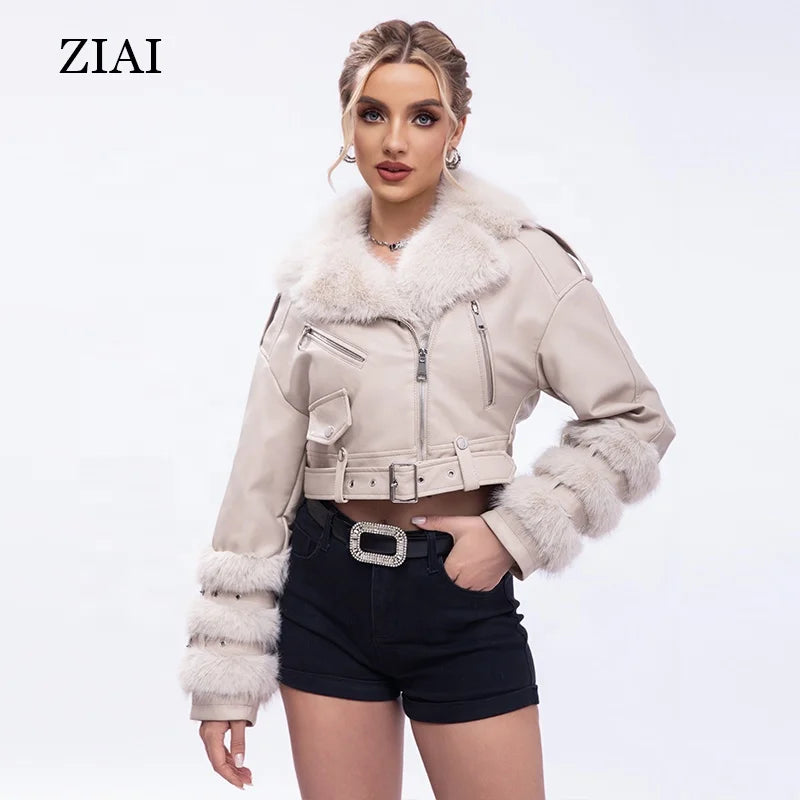Women Faux Leather Jacket With Fur Collar Warm Fashion Motorcycle Jacket