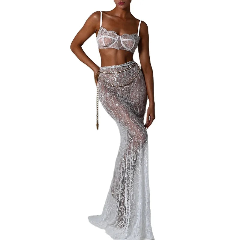 High Quality Women Long Dress Sexy Lace See Through Girl Evening Dress Mopping Fishtail Long Skirt Set Summer Outfits for Women