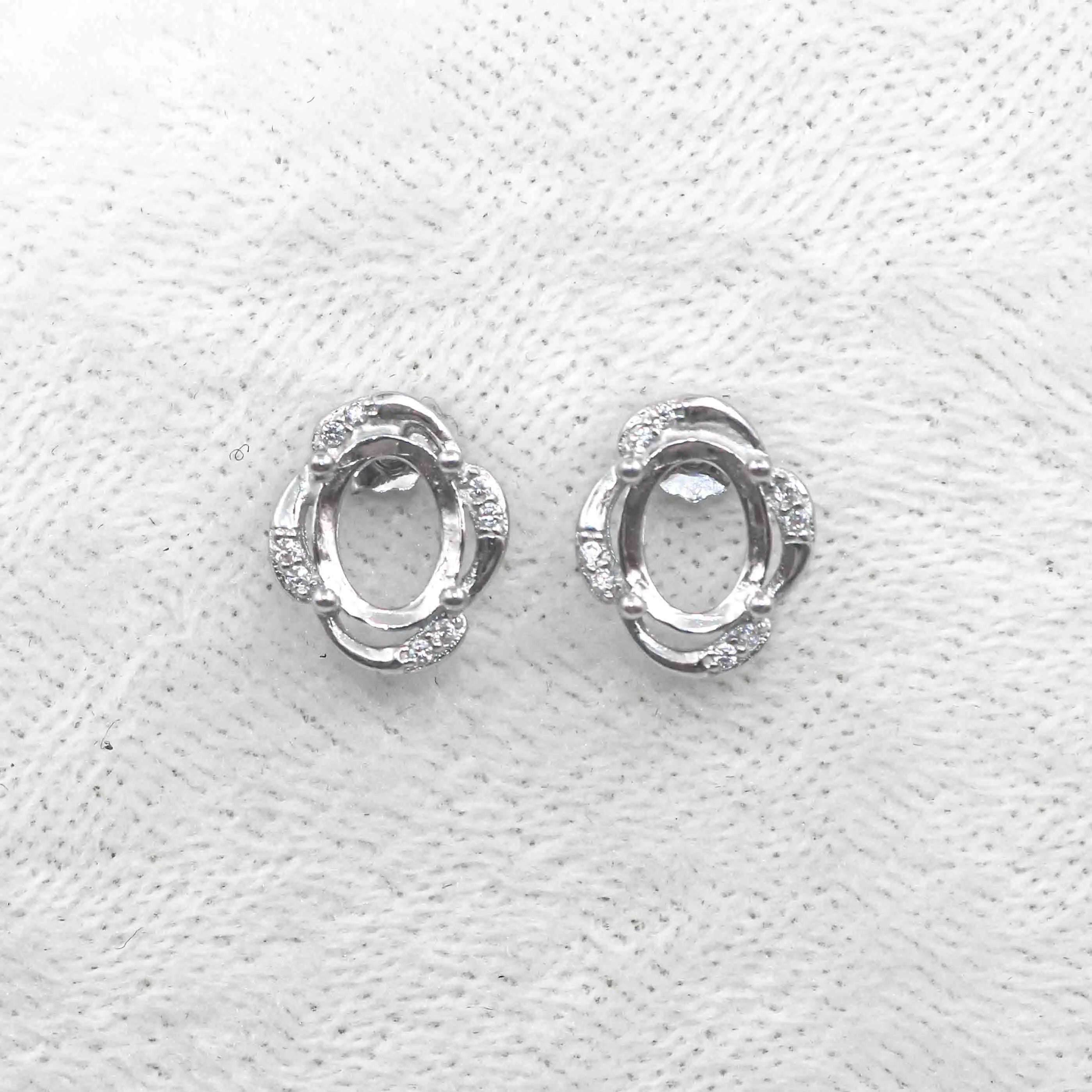 Sterling Silver 6*8mm Semi Mount Stud Earrings Empty Support Blank Claws Setting S925 Base Without Center Stone for DIY Inlay