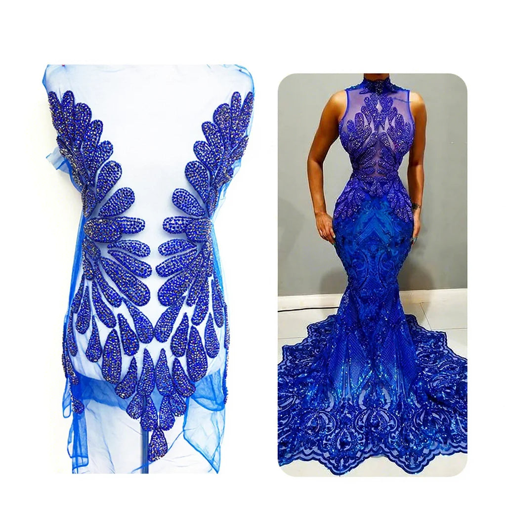 Handmade Sew on Blue Neckline Crystal Bodice Panel Diamond Rhinestone Applique for Dress