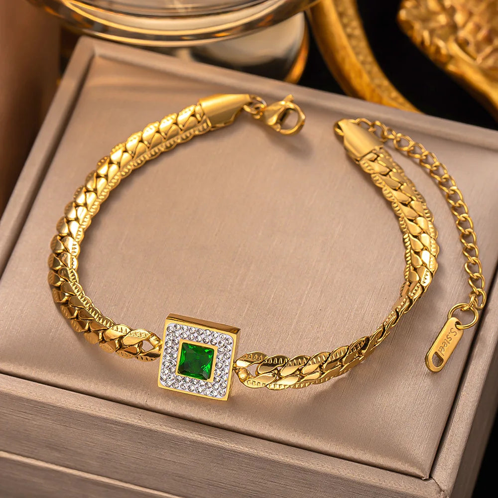 Gold Plated Stainless Steel Twisting Braided  Adjustable Pave Zirconia Square Emerald Flat Chain