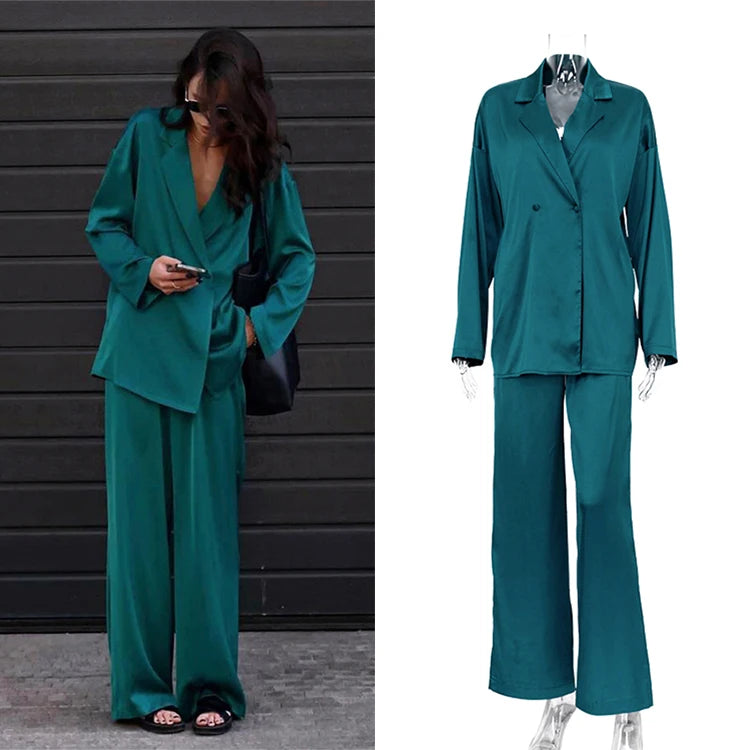 Light Loose Green Satin Suits Women's Office Casual Two Piece Set Women Clothing Elegant Sets for Lady Pants and Blouse