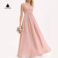 New Bridesmaid Dress Women's Elegant Chiffon Maxi Gown V Neck Sleeveless Ruched Waist Formal Wedding Party Evening Prom Dress