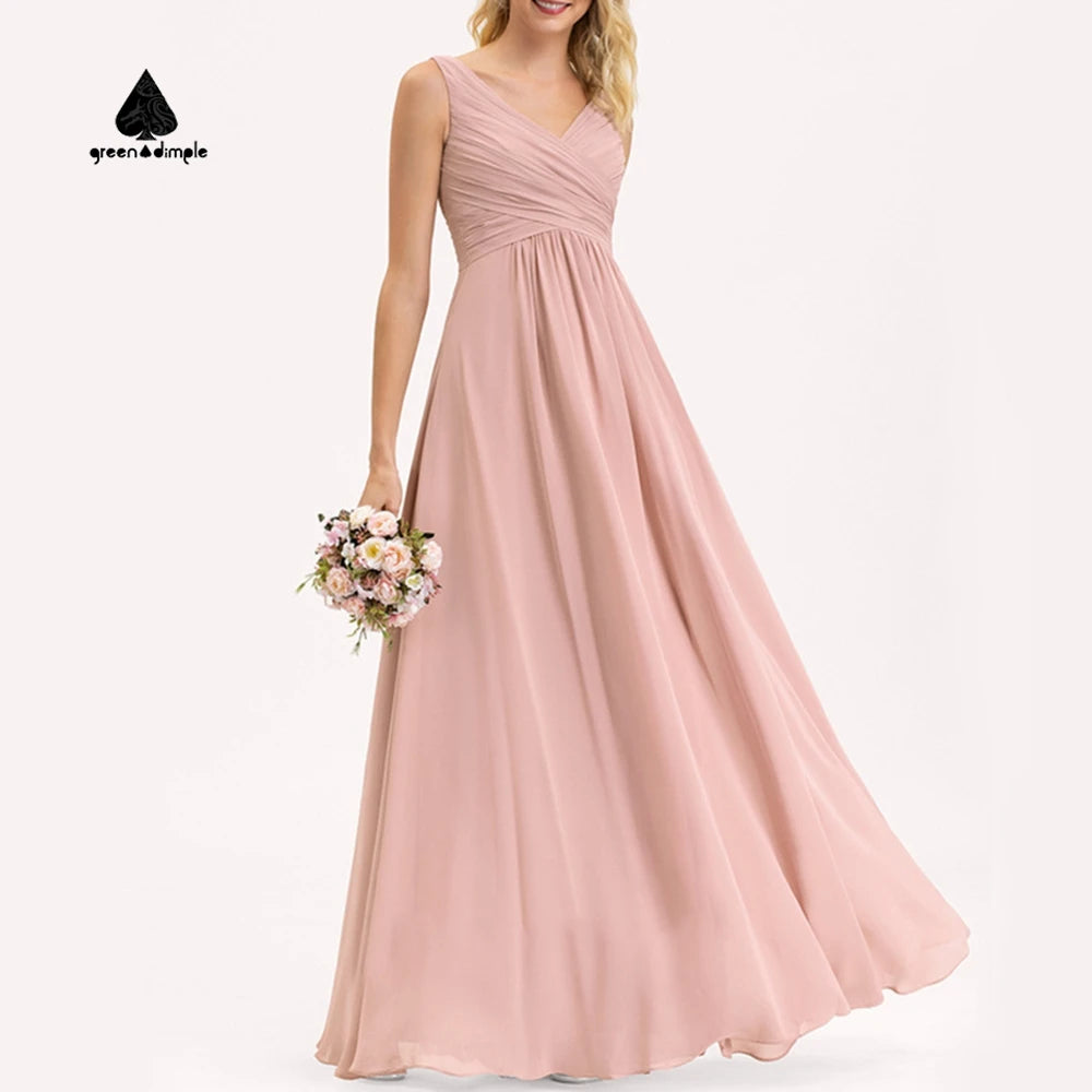 New Bridesmaid Dress Women's Elegant Chiffon Maxi Gown V Neck Sleeveless Ruched Waist Formal Wedding Party Evening Prom Dress