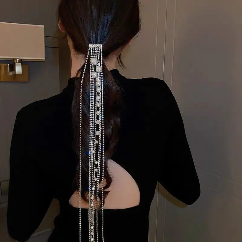 Fashion Bride Ponytail Crystal Hair Ties Tassel Hair Band Accessories  Long Tassel Pearl Headband  for Women
