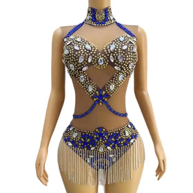 Mono Mujer Fashion Sleeveless Rhinestone Tassel Jumpsuits Stripper Outfits Exotic Dancewear Women Club One Piece Bodysuits