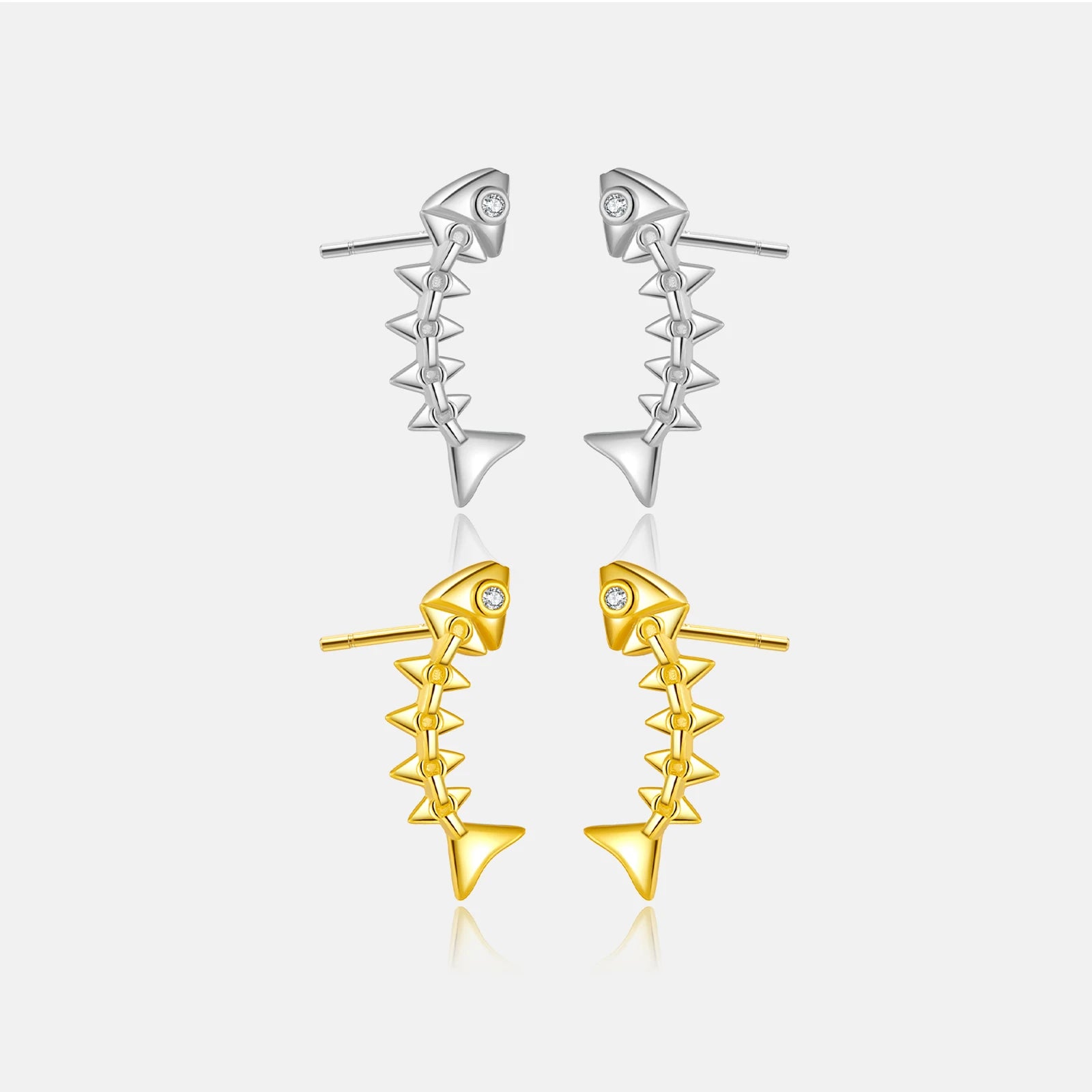 FUAMAY Fashion 925 Sterling Silver Fish Bone Stud Earrings 18K Gold Plated Minimalist Fishbone Earrings With Zircon