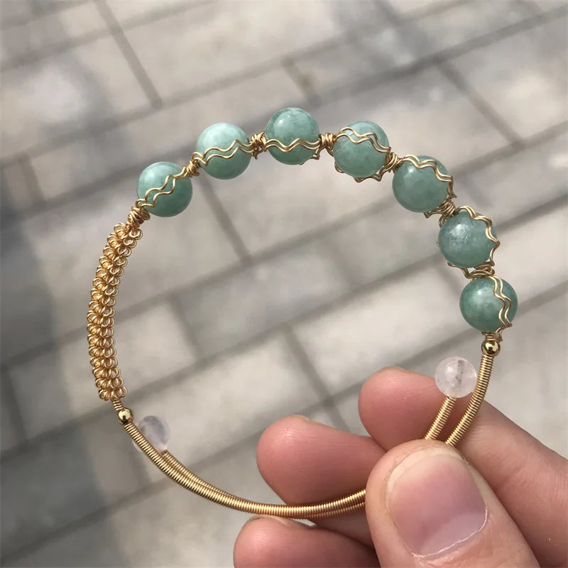 Hot Sell Crystal Stone Beads Bracelets BangleWire Wrapped Gold Copper Open Cuff Bangles