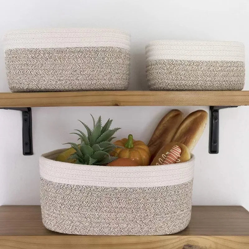 Set of 3 Eco-Friendly Foldable Fabric Cotton Rope Woven Baskets for Household & Office Storage of Baby Toys and Gifts