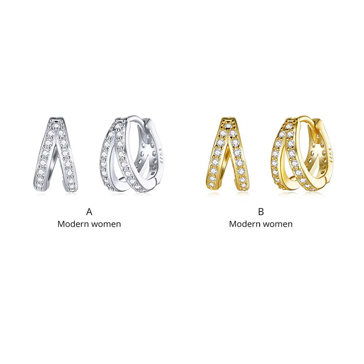 Spanish 925 Sterling Silver Modern Stylish Zircon Crystal Double Rings Ear Buckle Earrings Hoop for Women Wedding SCE1187