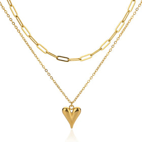 New Gold Stainless Steel Peach Heart Pendant Necklace Women Non Tarnish Double Thick Chain Paperclip Necklace