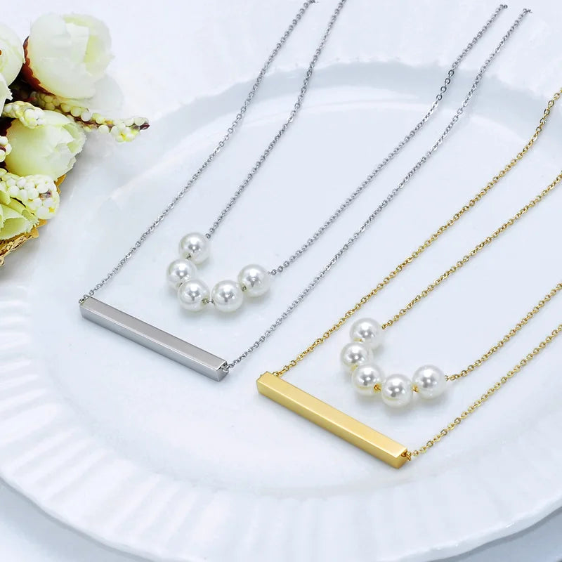 Trendy Double Layer Stainless Steel Chain Baroque Pearl Beaded Choker Necklace Jewelry