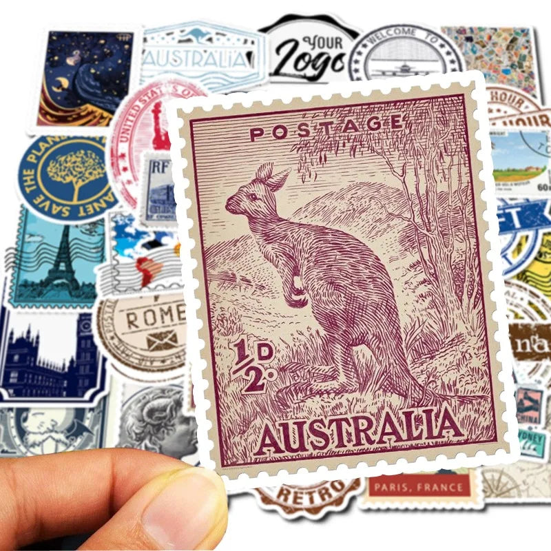 50Pcs Vintage Travel Stamps Graffiti Stickers Skateboard Guitar Decorative Stickers DIY Waterproof Gift Sticker for Kids