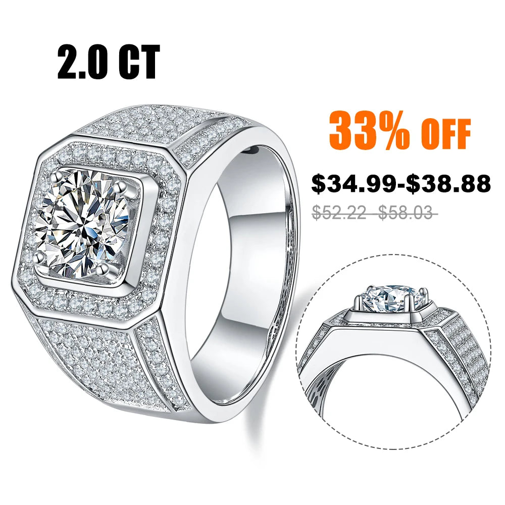 Abiding Jewelry Wedding 18k White Gold Plated 2 Ct Moissanite Diamond Mens Finger 925 Sterling Sliver Moissanite Ring for Men