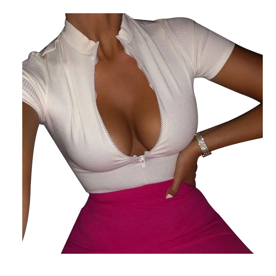 Women's White Cotton T-Shirt Solid Zipper Crop Tops Button Slim Short Sleeves Fashionable Standing Collar Wholesale Summer Top