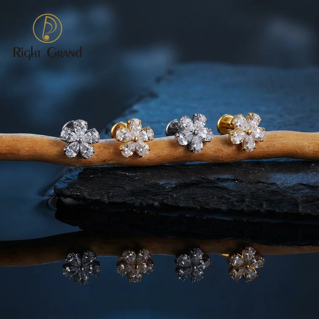 Right Grand ASTM F136 Titanium 16G Flower CZ Labret Medusa Monroe Piercing Helix Cartilage Conch Tragus Lobe Stud Earring