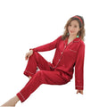 Women Satin Pajamas Summer Spring Autumn Long Sleeve 2-piece Cardigan Solid Elastic Waist 100% Polyester Pajamas Set Home