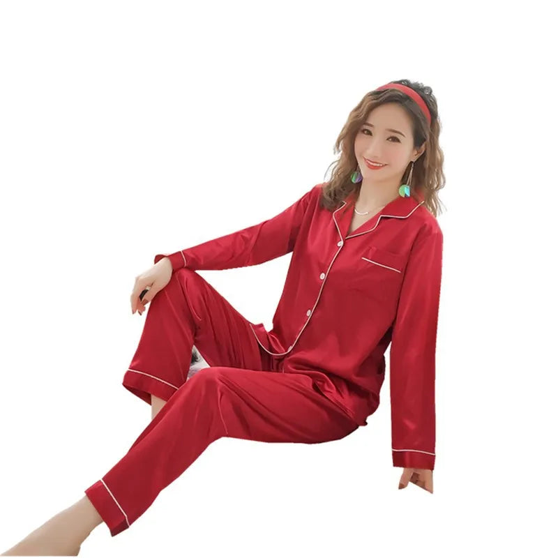 Women Satin Pajamas Summer Spring Autumn Long Sleeve 2-piece Cardigan Solid Elastic Waist 100% Polyester Pajamas Set Home
