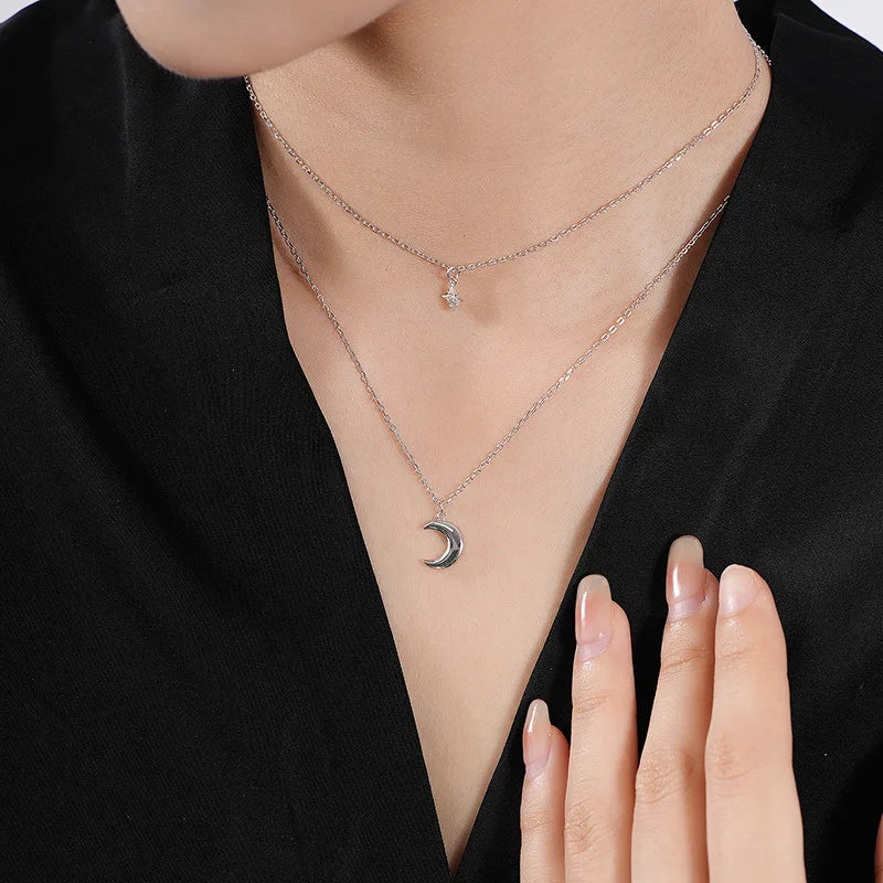 Fashion Jewelry 925 Sterling Silver Moon and Star Pendant Necklaces for Women 18K Gold Plated Two Layer China Necklace Jewelry