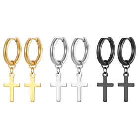 Tarnish Free Hypoallergenic 18K Gold Plated Cross Drop Huggie Earrings 316L Stainless Steel Cross Dangle Hoop Earrings