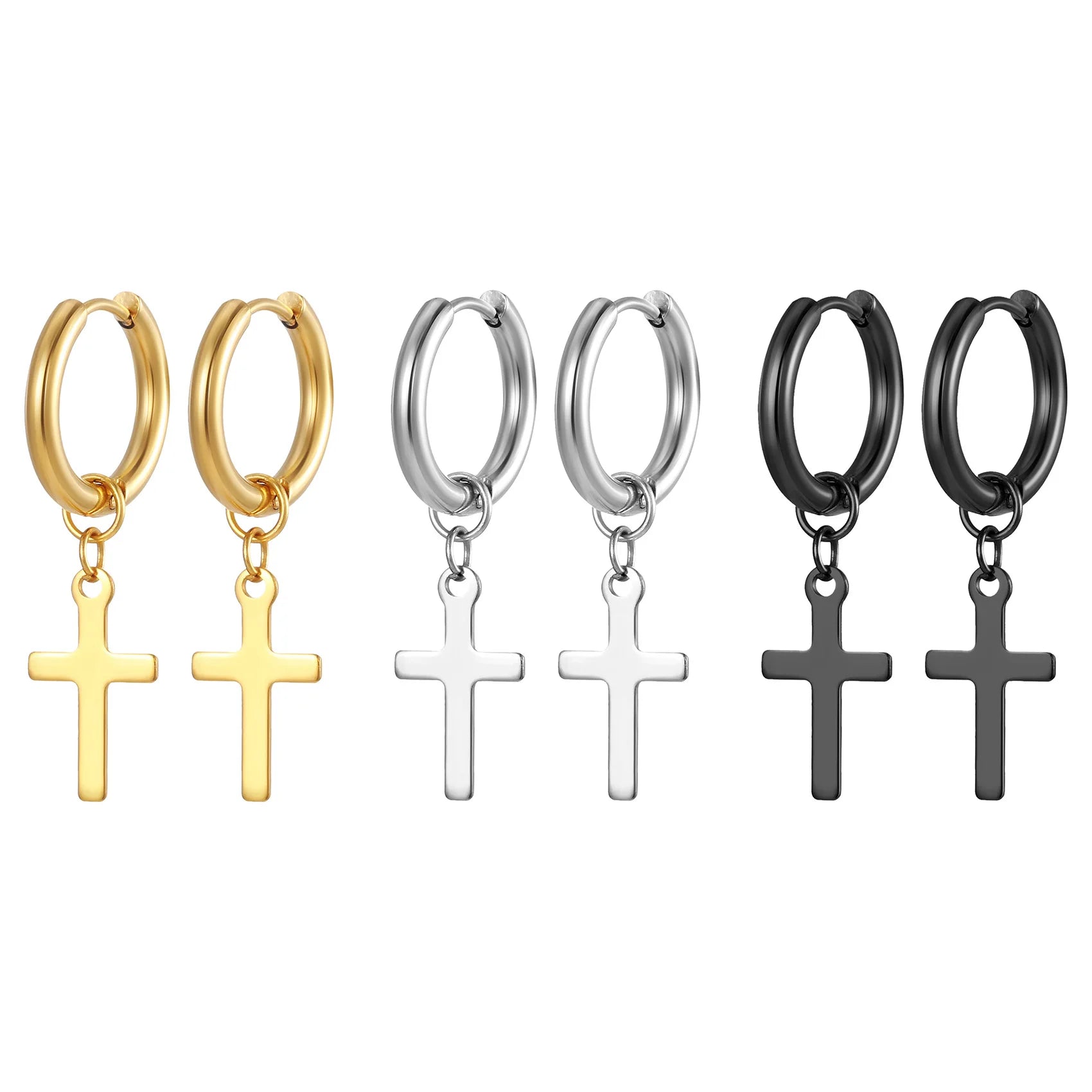 Tarnish Free Hypoallergenic 18K Gold Plated Cross Drop Huggie Earrings 316L Stainless Steel Cross Dangle Hoop Earrings