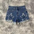 DENIMGUYS Custom Summer High Waisted Ripped Patch Stretch Denim Blue Jean Shorts Distressed Cowgirl Shorts for Women Trendy