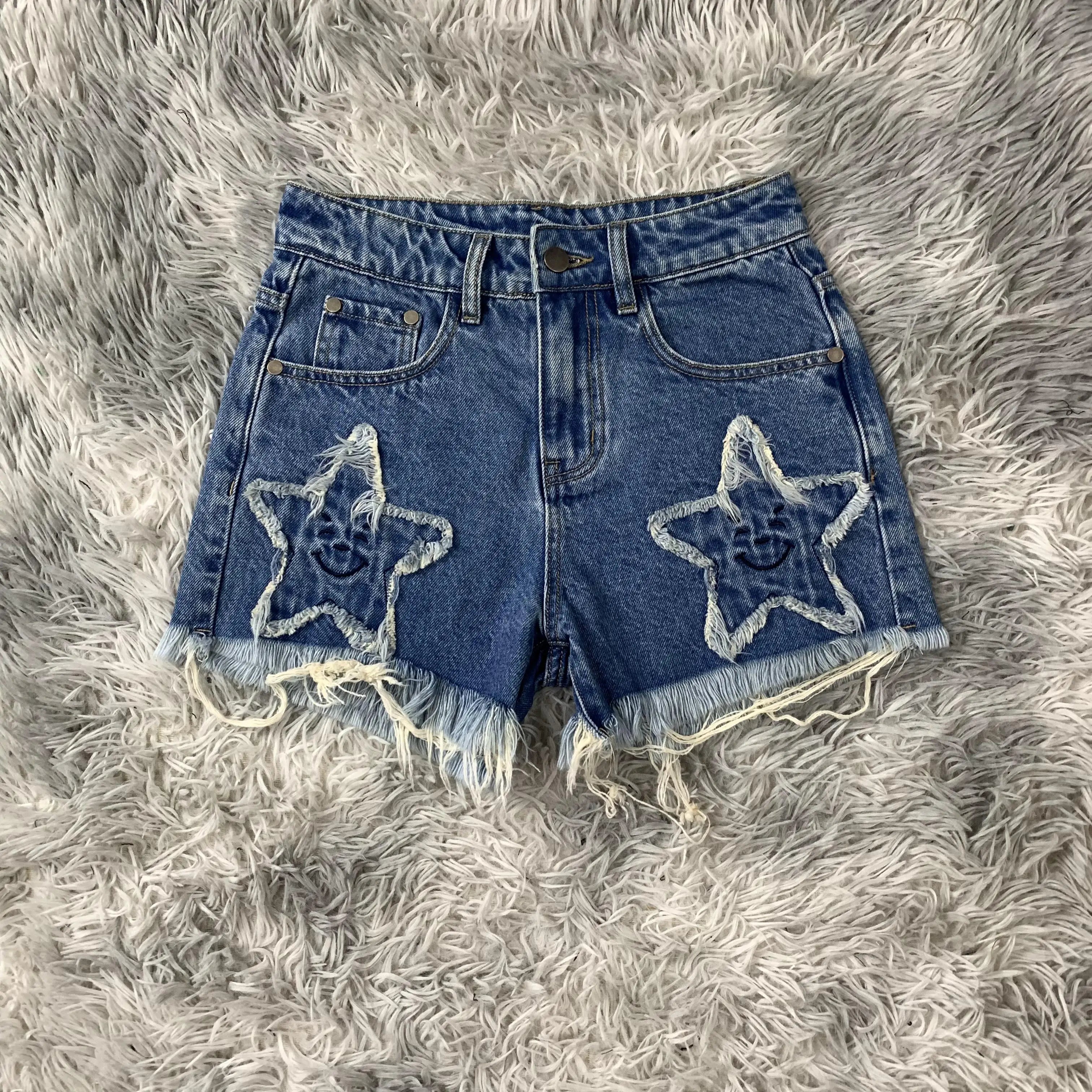 DENIMGUYS Custom Summer High Waisted Ripped Patch Stretch Denim Blue Jean Shorts Distressed Cowgirl Shorts for Women Trendy