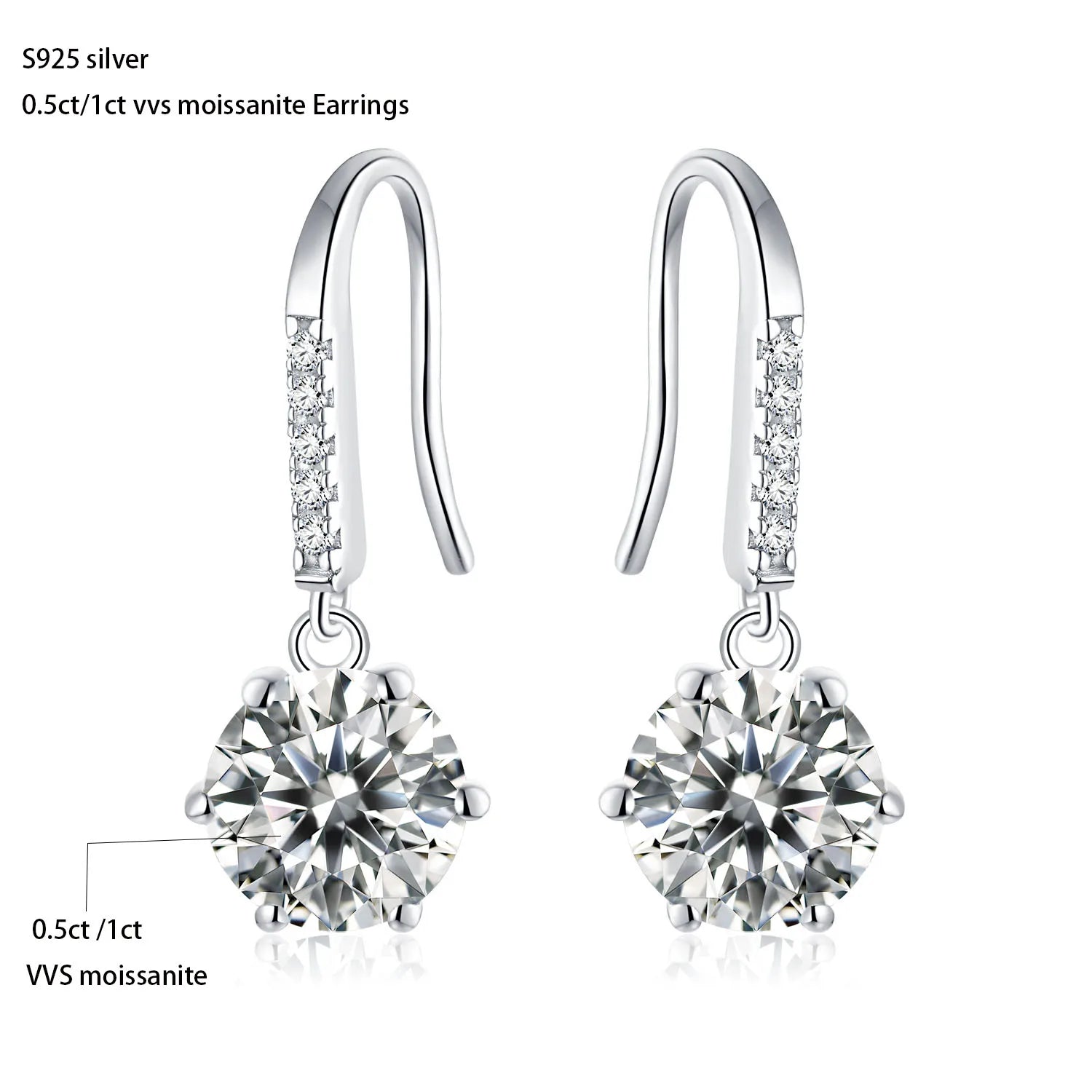 Starsgem Moissanite Drop Earrings 925 Sterling Silver 0.5ct 1ct  Round Cut Moissanite Diamond Earring