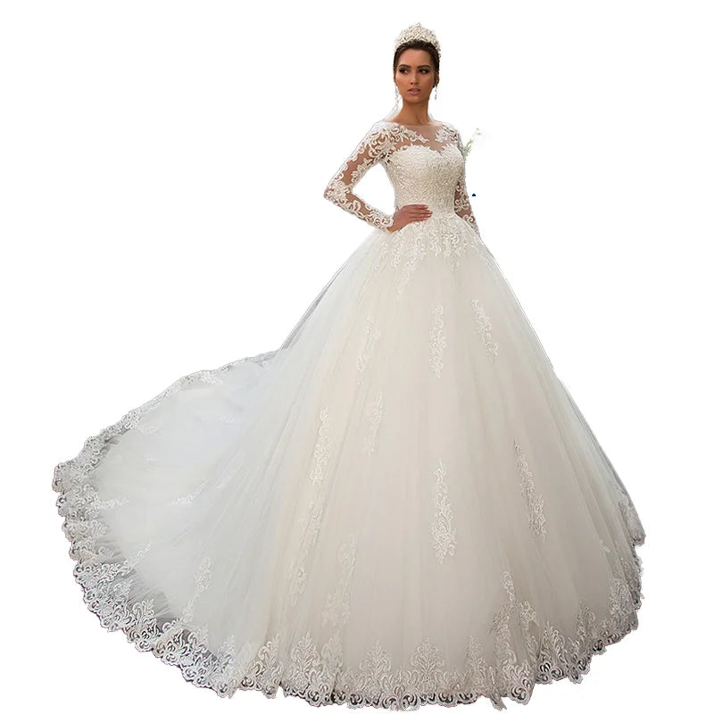 2025 New Style Round Neck Long Sleeve Slimming French Wedding Dress Gown Slimming Tailor Made for Special Occasions