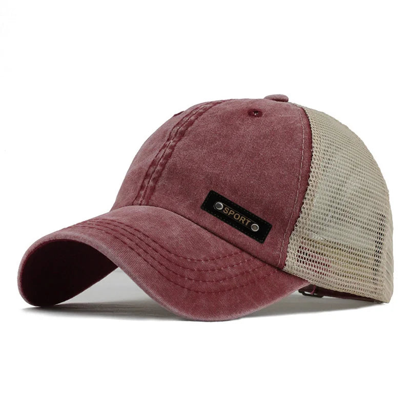 New Arrival Mesh Baseball Cap Cotton Washed Distressed Sports Caps Custom Trucker Hats With Leather Patch Custom