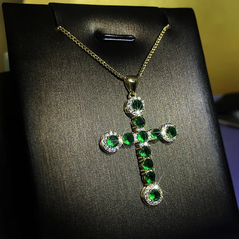 ODM Collares Para Mujer Emerald Green Cubic Zircon Necklaces 18K Gold Plated Cross Necklace for Women