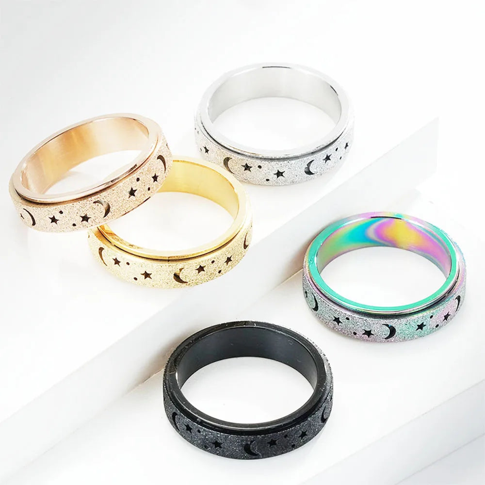 Fashion Stainless Steel Moon and Star Charms Rotating Rotatable Design Finger Ring Jewelry for Women