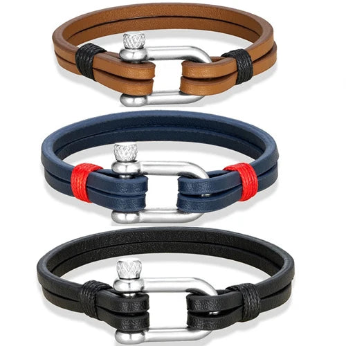 Minimalist Genuine Leather Bracelets Stainless Steel U Shape Clasp Double Layer Leather Shackle Bracelet for Men Jewelry