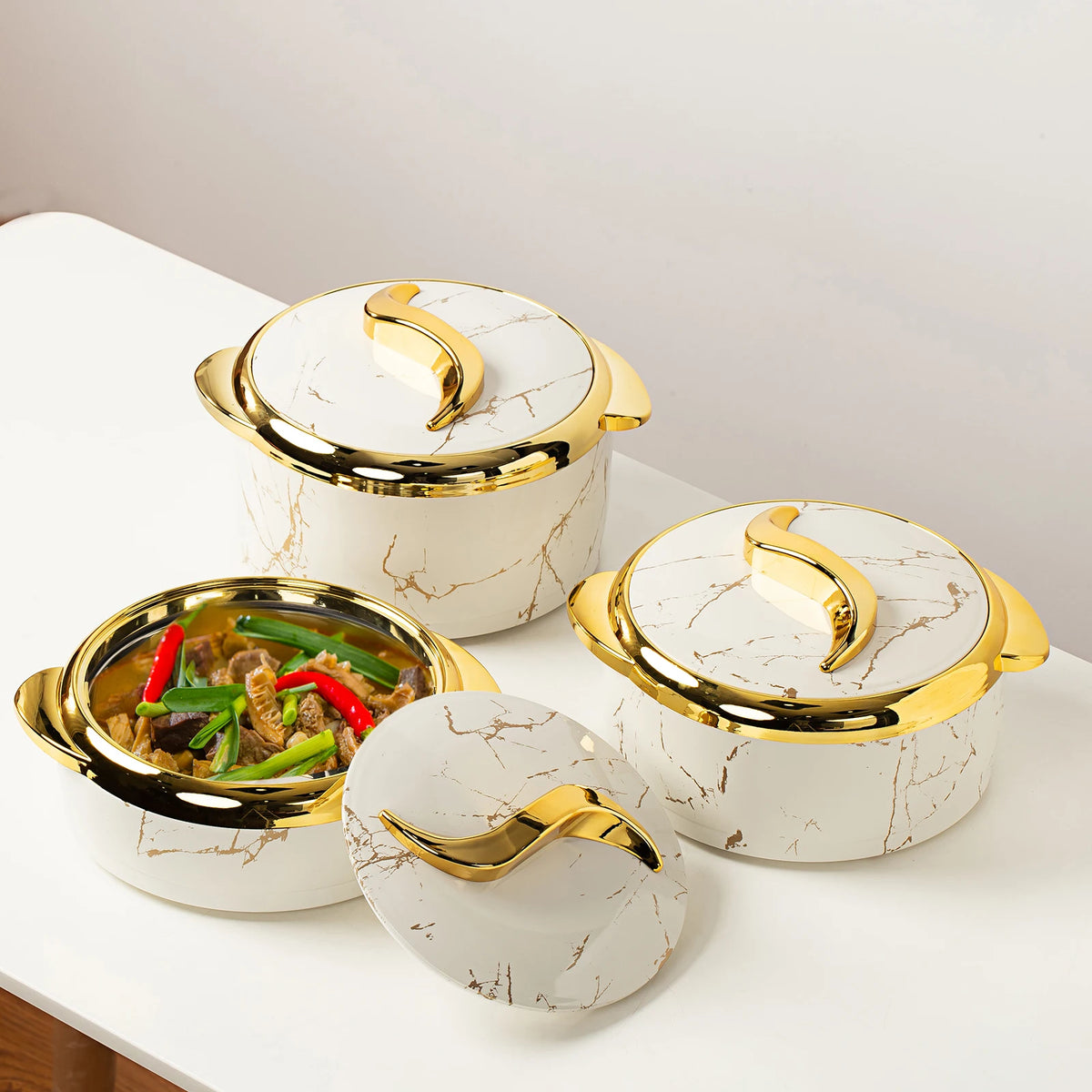 US Warehouse Luxury 3-Pcs Set 1.5L/2L/2.5L Marble White Food Warmer Casserole Double Wall Stainless Steel Thermos Box PU MegaBDM