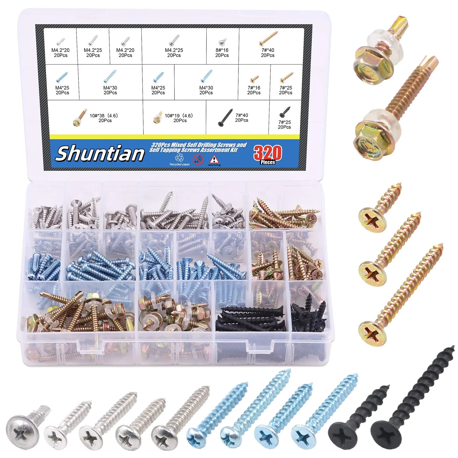 320Pcs Mixed Self Drilling Screws and Self Tapping Screws Assortment Kit 16 Different Types