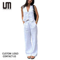 Liu Ming Summer Collection Women's Casual Cotton Linen Sets Sleeveless V Neck Button Vest Wide Leg Pant Loose Straight Solid