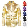 RNSHANGER New Men's Shirt Sequined Performance Nightclub Host MC Men's Lapel Long Sleeve Solid Color Shirt Mens Dress Shirts
