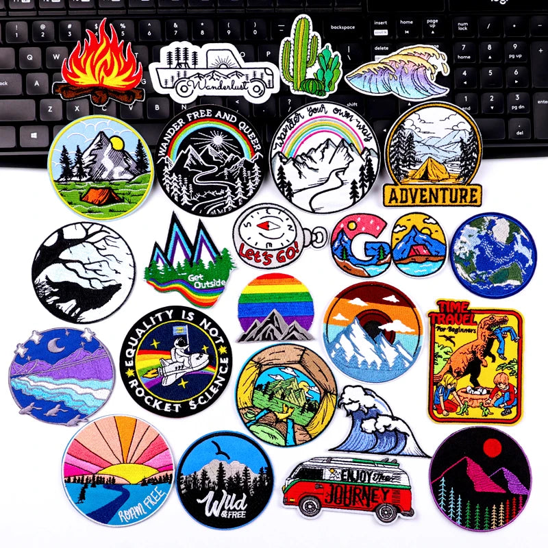Factory Personality Iron on Patches Mountain Camping Travel Wholesale Custom Embroidered Patches for Clothes Jeans DIY